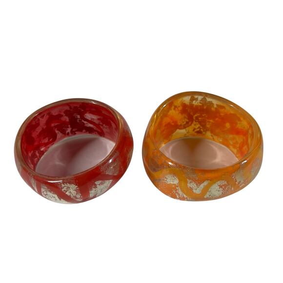 Resin Bangle Bracelets Womens Set of 2 Red Orange Silver Foil Wide Chunky Style - Picture 9 of 13